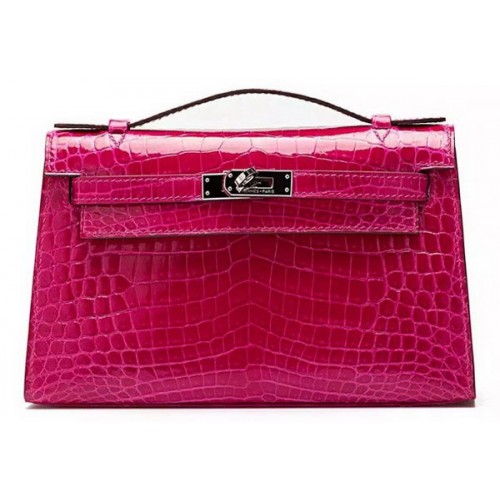 Hermes MINI Kelly 22cm Pochette Croco Cuir KL22 Rose