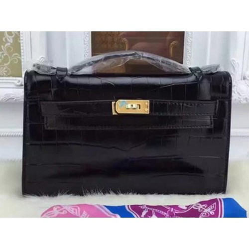 Hermes MINI Kelly 22cm Tote Bag Cuir Croco KL22 Noir