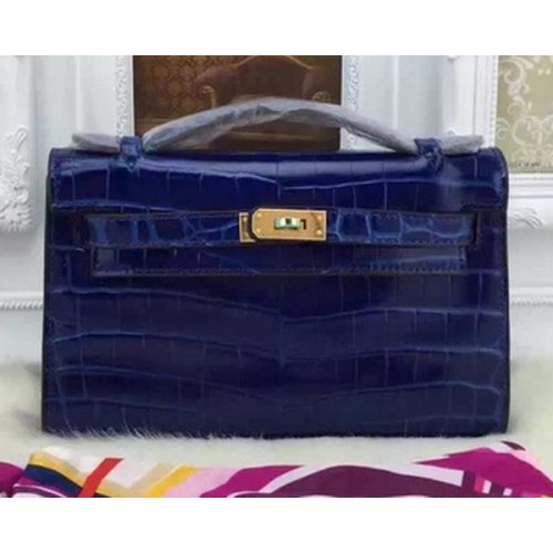 Hermes MINI Kelly 22cm sac fourre-tout cuir Croco KL22 bleu