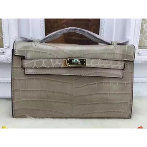 Hermes MINI Kelly 22cm Tote Bag Cuir Croco KL22 Gris