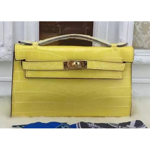 Hermes MINI Kelly 22cm Tote Bag Cuir Croco KL22 Citron