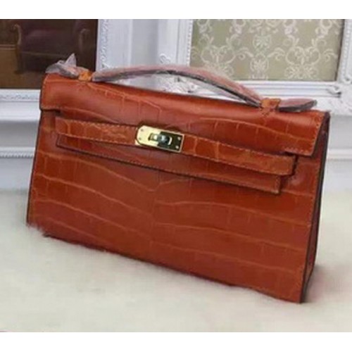 Hermes MINI Kelly 22cm Tote Bag Cuir Croco KL22 Orange