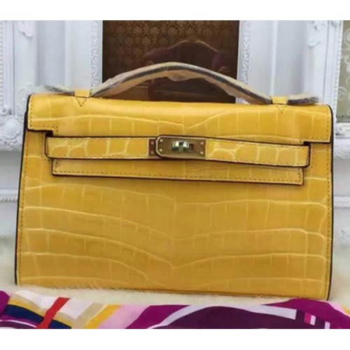 Hermes MINI Kelly 22cm Tote Bag Cuir Croco KL22 Jaune