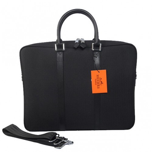 Hermes Hommes Porte-Documents Toile Cuir H1656 Noir