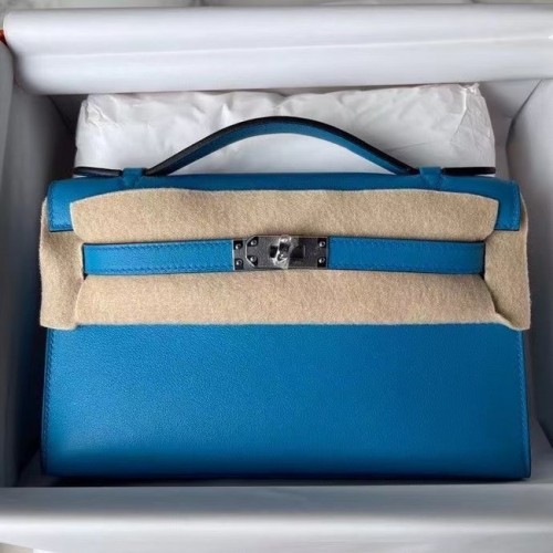Hermes Original Swift Cuir KEL2278 bleu&Métal argenté