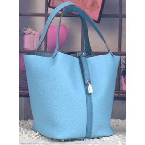 Hermes Picotin Lock 22cm Sacs Litchi Cuir HPL8618 Bleu Clair