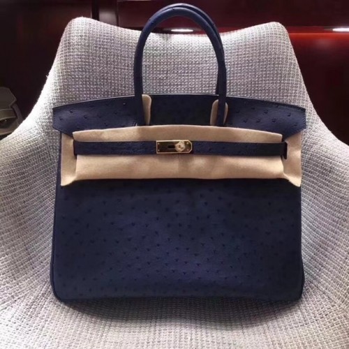 Hermes sac birkin en cuir d'autruche véritable BK35 bleu foncé