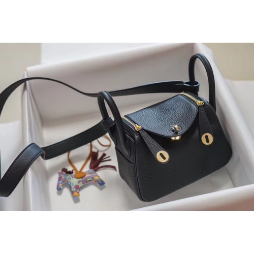 Hermes mini Lindy Togo sac en cuir LD19 noir et métal doré