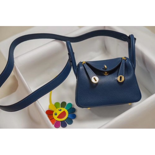 Hermes mini Lindy Togo sac en cuir LD19 bleu et métal doré