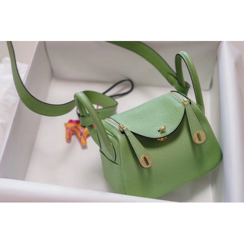 Hermes mini Lindy Togo sac en cuir LD19 vert et métal doré