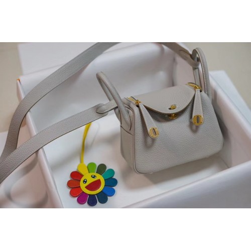 Hermes mini Lindy Togo sac en cuir LD19 gris et métal doré