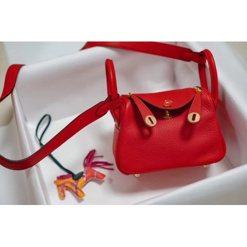 Hermes mini Lindy Togo sac en cuir LD19 rouge et métal doré