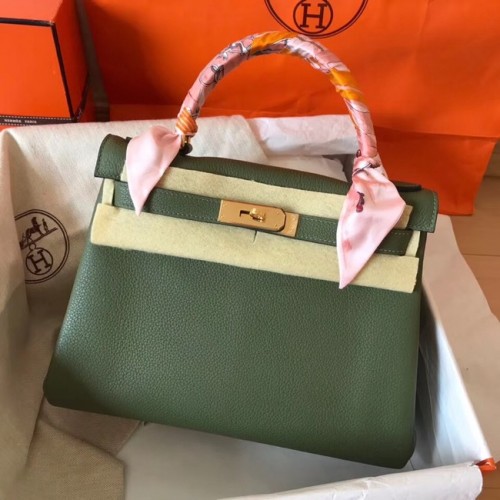 Sac kelly Hermes original en cuir Togo KL320 Vert noirâtre