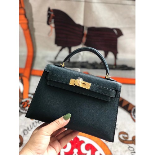 Hermès original mini Kelly chevre mysore K19CM Vert noirâtre&Métal doré