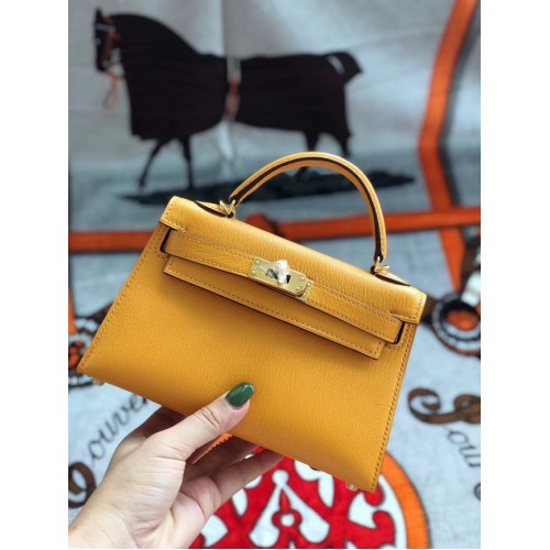 Hermès original mini Kelly chevre mysore K19CM Mangue jaune&Métal Doré