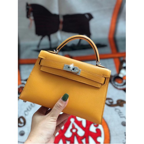Hermès original mini Kelly chevre mysore K19CM Mango jaune & métal argenté