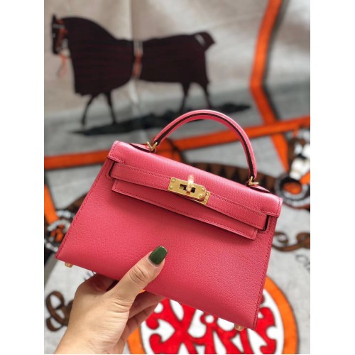 Hermès original mini Kelly chevre mysore K19CM Pastèque rouge&Métal Doré