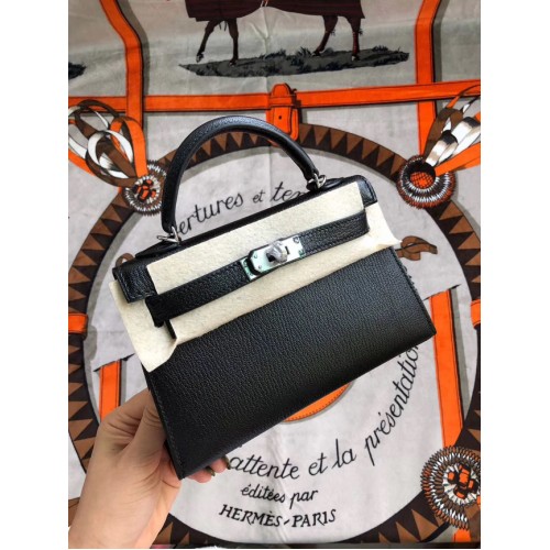 Hermès original mini Kelly chevre mysore K19CM métal noir & argent