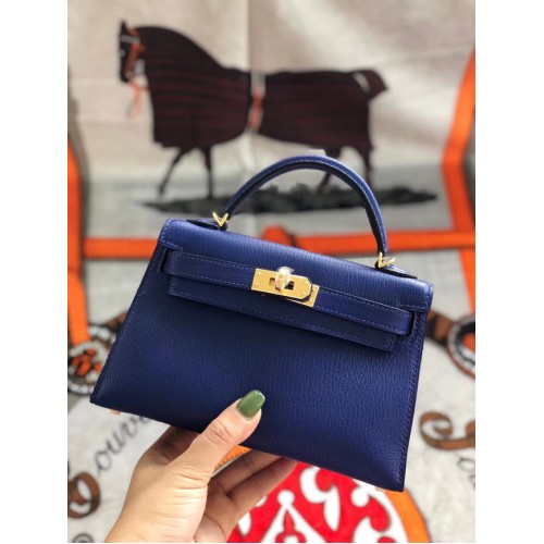 Hermès original mini Kelly chevre mysore K19CM bleu&Métal Doré