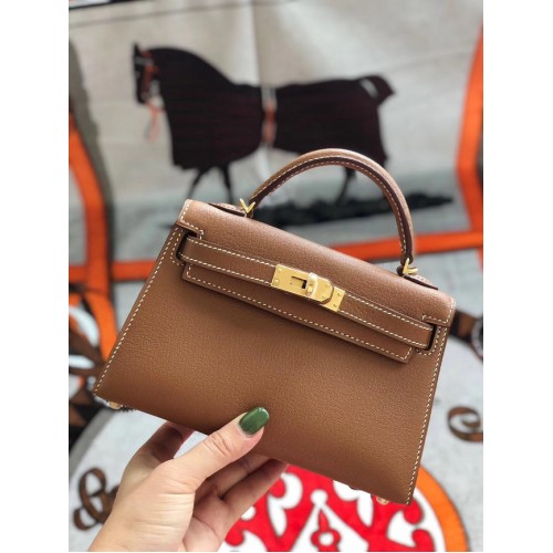 Hermès original mini Kelly chevre mysore K19CM marron&Métal Doré