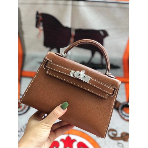 Hermès original mini Kelly chevre mysore K19CM métal marron&argent