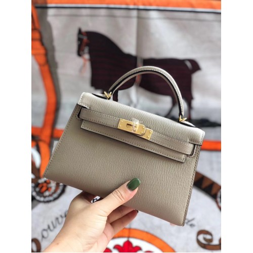 Hermès original mini Kelly chevre mysore K19CM gris clair&Métal Doré