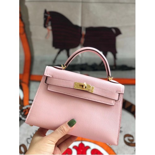 Hermès original mini Kelly chevre mysore K19CM rose&Métal Doré