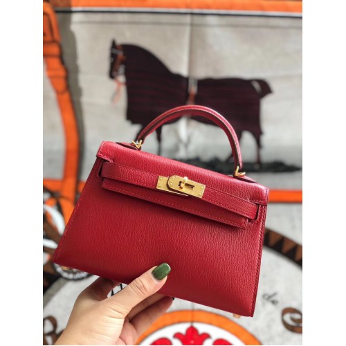 Hermès original mini Kelly chevre mysore K19CM rouge&Métal Doré