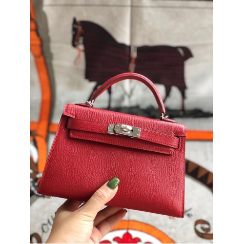 Hermès original mini Kelly chevre mysore K19CM métal rouge & argent