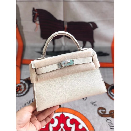 Hermès original mini Kelly chevre mysore K19CM métal blanc & argent