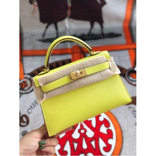 Hermès original mini Kelly chevre mysore K19CM jaune&Métal Doré