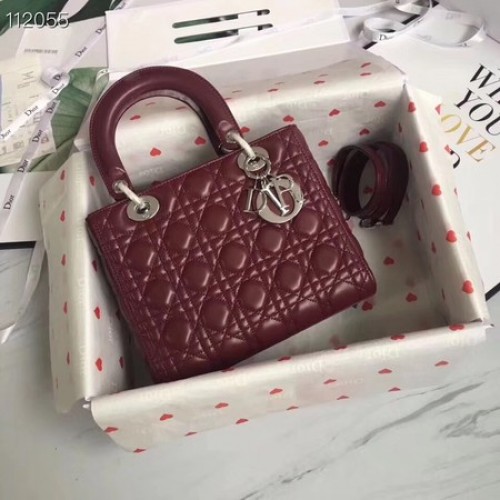 SAC LADY DIOR EN AGNEAU CAL44550 bordeaux&métal argenté