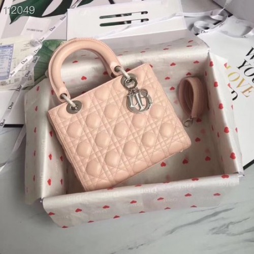 SAC LADY DIOR EN AGNEAU CAL44550 rose&métal argenté