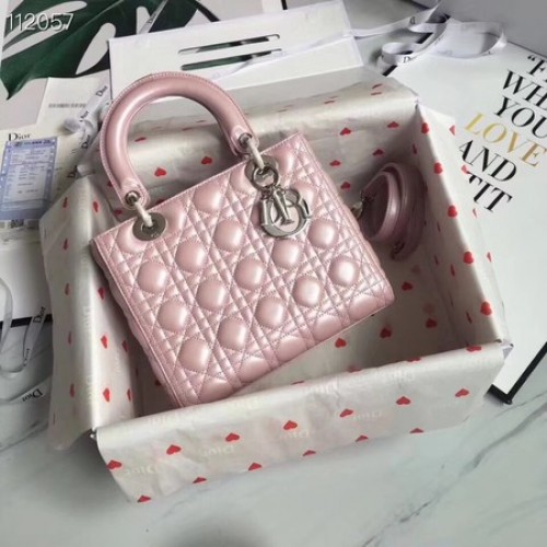 SAC LADY DIOR EN AGNEAU CAL44550 rose&métal argenté