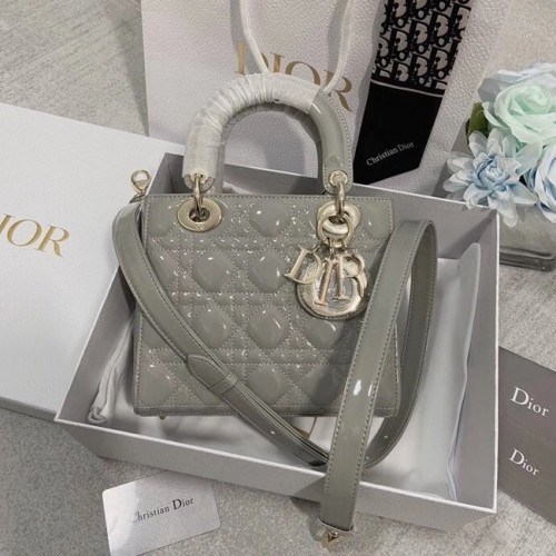 SAC LADY DIOR MY ABCDIOR Cuir de veau verni Cannage gris M0538