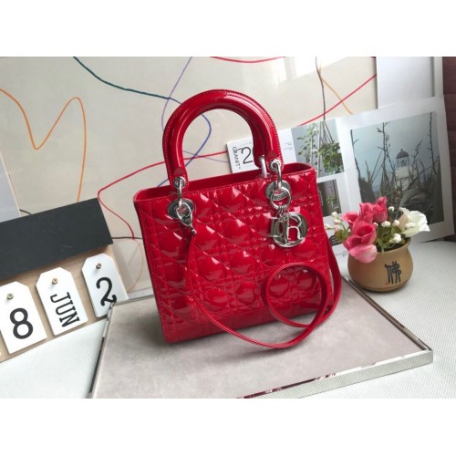 LADY DIOR MY ABCDIOR Sac en cuir verni Rouge M05389 Argent