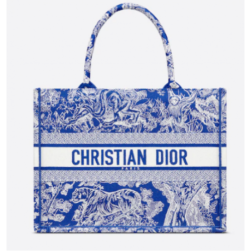 MOYEN DIOR BOOK TOTE Bleu fluo Toile de Jouy Broderie inversée M1296ZROC