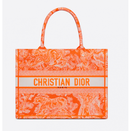 MOYEN DIOR BOOK TOTE Orange fluo Toile de Jouy Broderie inversée M1296ZROC