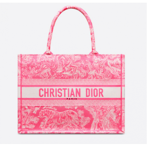 MOYEN DIOR BOOK TOTE Rose fluo Toile de Jouy Broderie inversée M1296ZROC