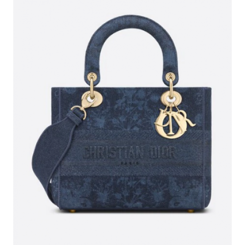 SAC FEMME MOYEN D-LITE Denim Brodé Fleurs Dior Bleu M0565OJA
