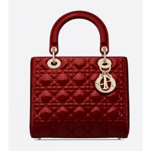 SAC LADY DIOR MOYEN Veau Cannage Verni Rouge Cerise M0565OW