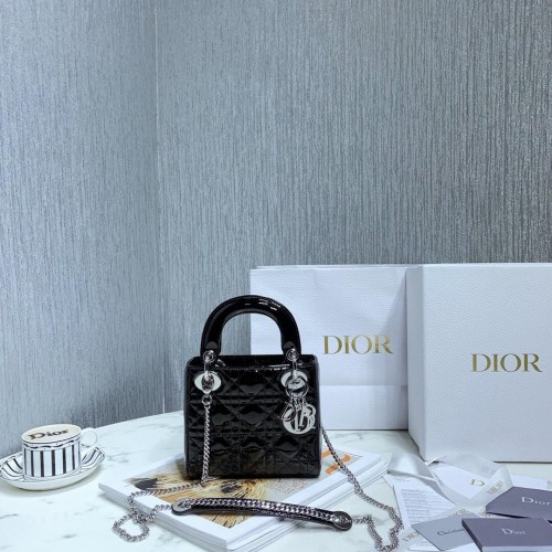 MINI SAC LADY DIOR Cuir de veau Cannage verni noir M0566OW Silver Hardware