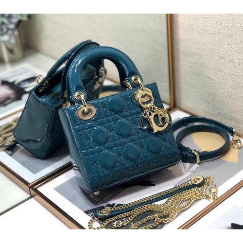 MINI SAC LADY DIOR Cuir de veau Cannage verni M0505O Bleu