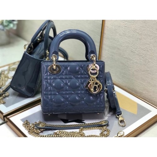MINI SAC LADY DIOR Cuir de veau Cannage Verni M0505O Bleu Royal
