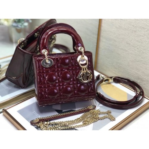MINI SAC LADY DIOR Cuir de veau Cannage verni M0505O bordeaux