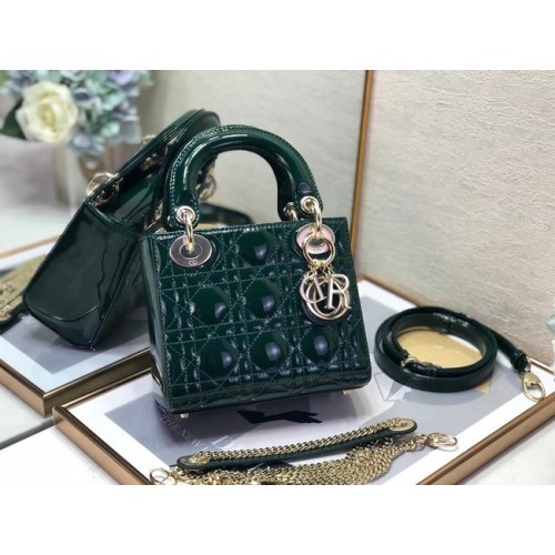 MINI SAC LADY DIOR Cuir de veau Cannage verni M0505O vert