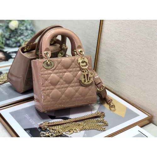 MINI SAC LADY DIOR Cuir de veau Cannage verni M0505O rose clair