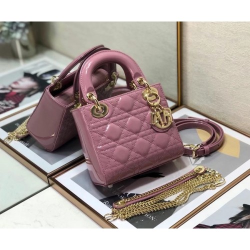 MINI SAC LADY DIOR Cuir de veau Cannage verni M0505O rose