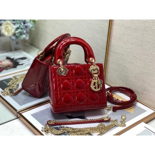 MINI SAC LADY DIOR Cuir de veau Cannage verni M0505O rouge