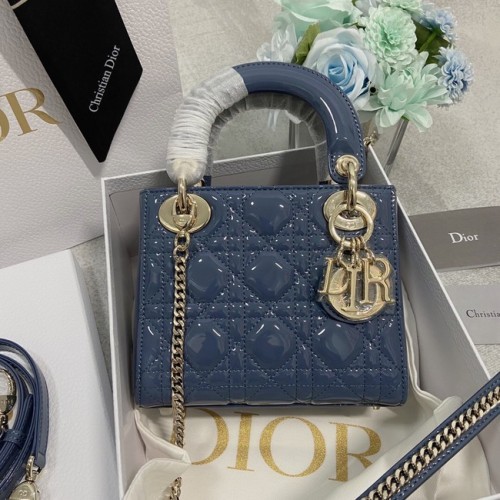 MINI SAC LADY DIOR Cuir de veau Cannage verni M0566OW Bleu&or